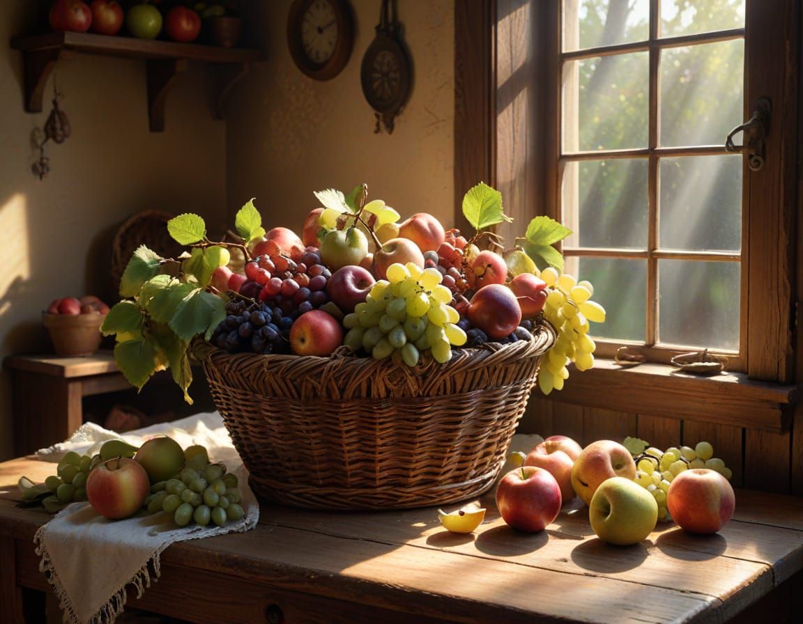 Vibrant Folk Art Still Life of Fruit Basket in Cozy Cottage