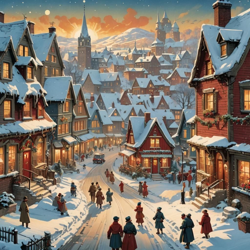 Christmas Greetings: Snowy Village in Rockwell Style