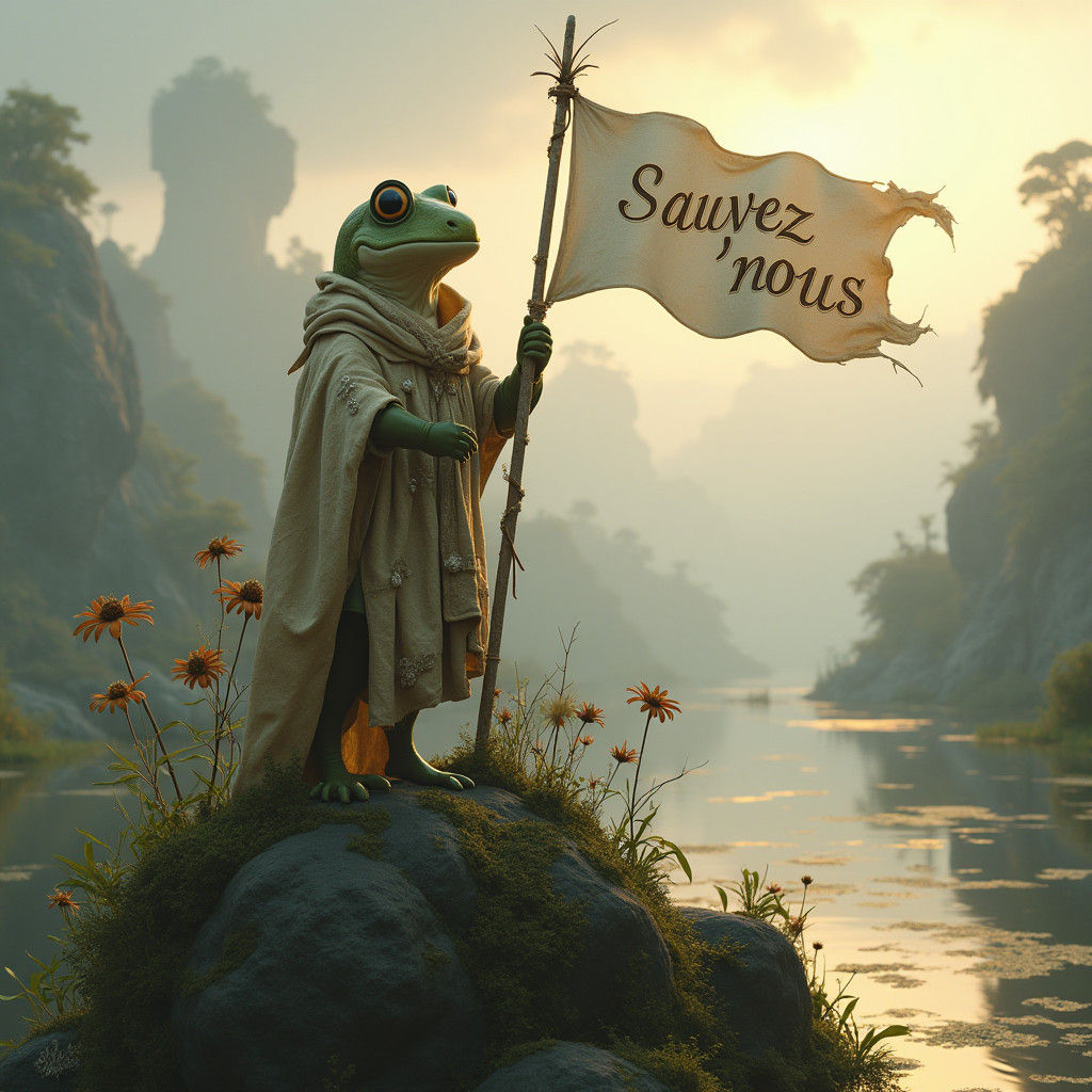 Ethereal Grenouille Guardian in Dreamlike Wetland Landscape