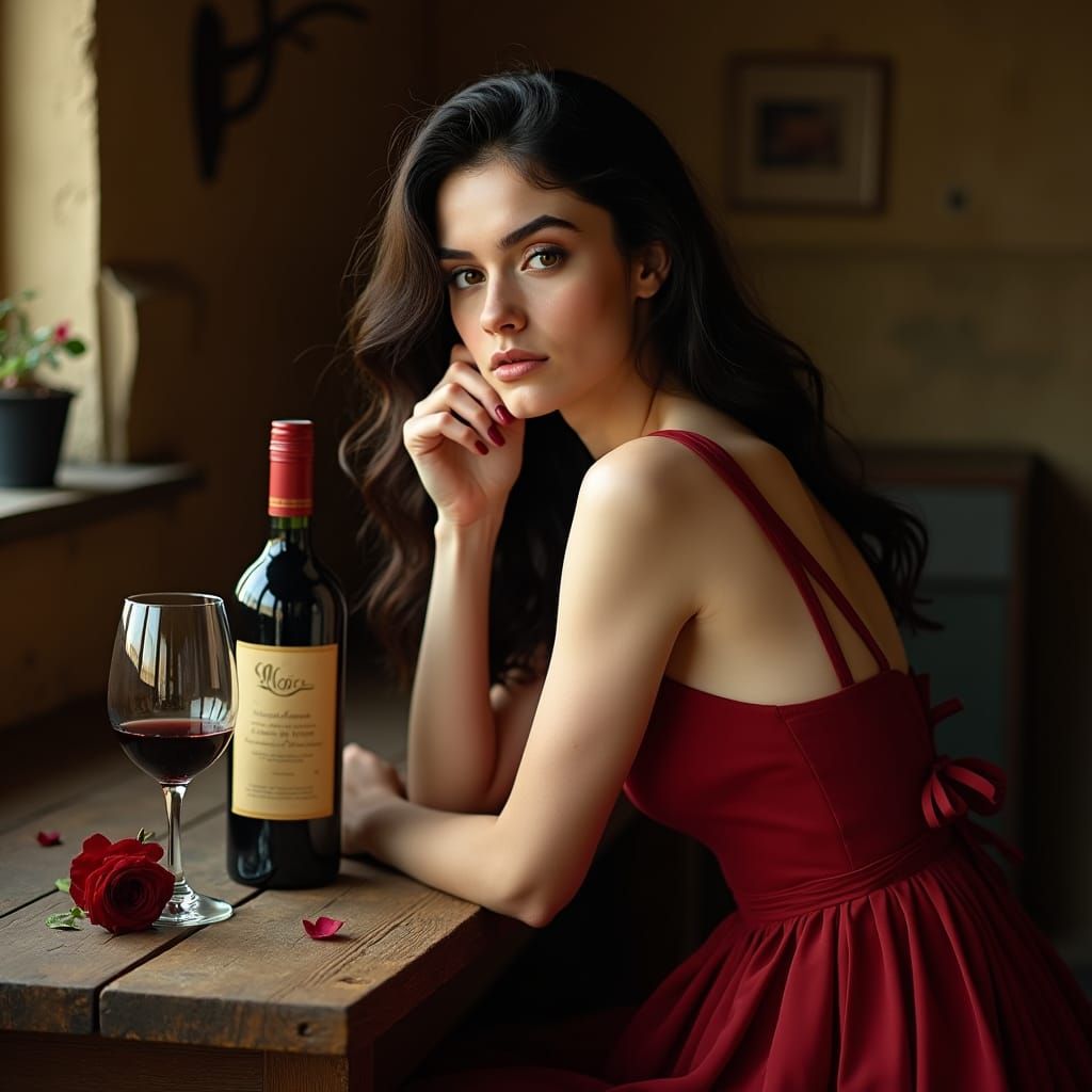 Elegant Woman with Wine in Old Master Style