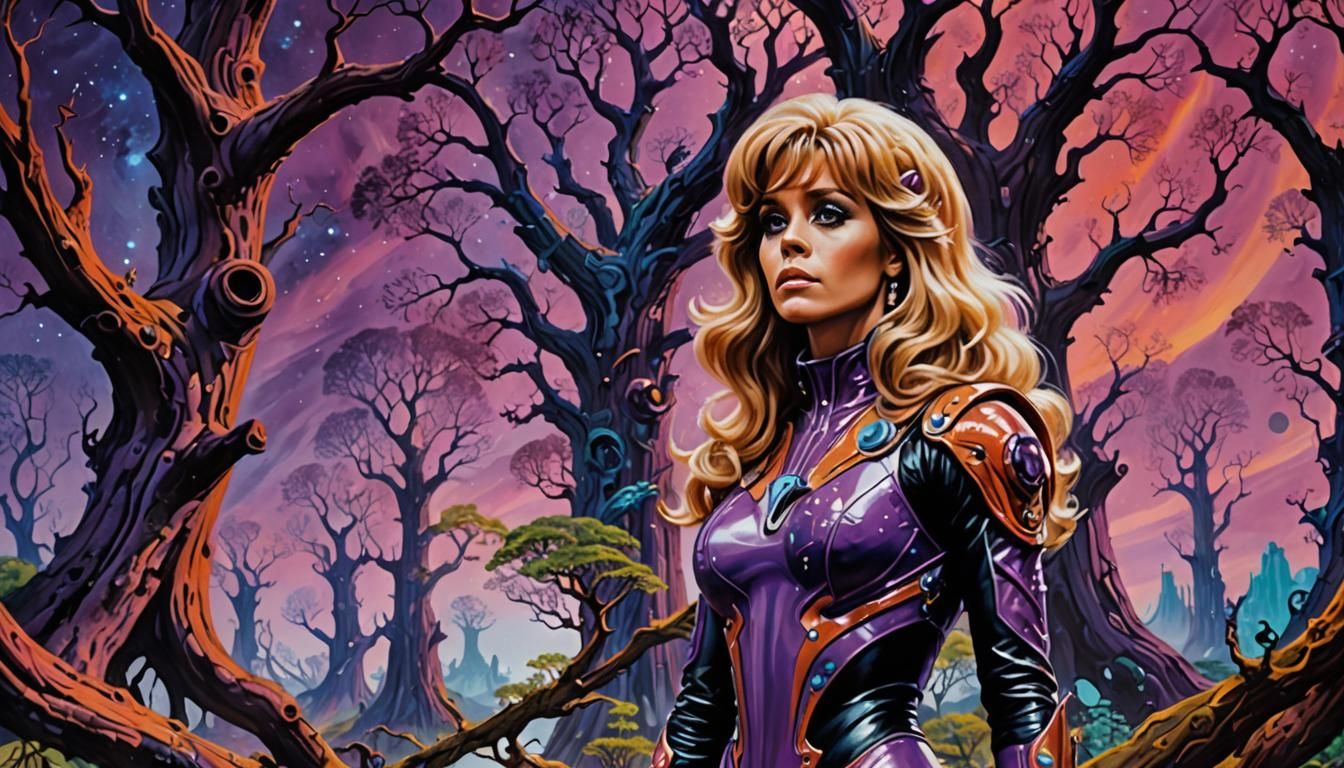 Barbarella in Psychedelic Landscape, Roger Dean Style