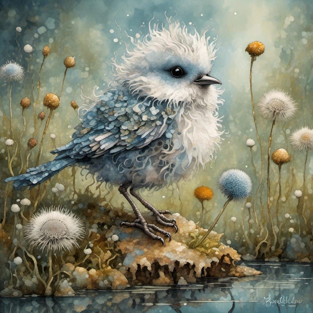 Adorable Bird in Dandelion, Jean-Baptiste Monge Style