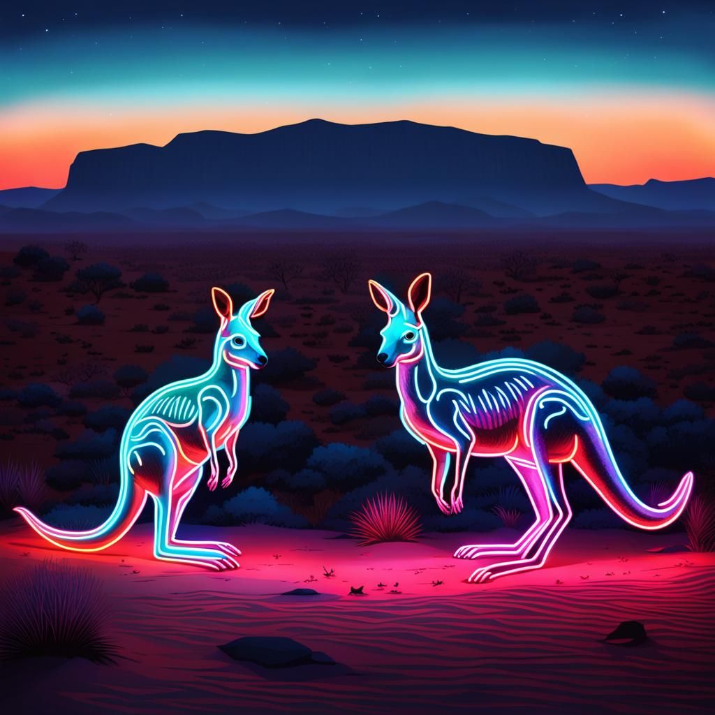 Neon Kangaroos in Desert Nightscape