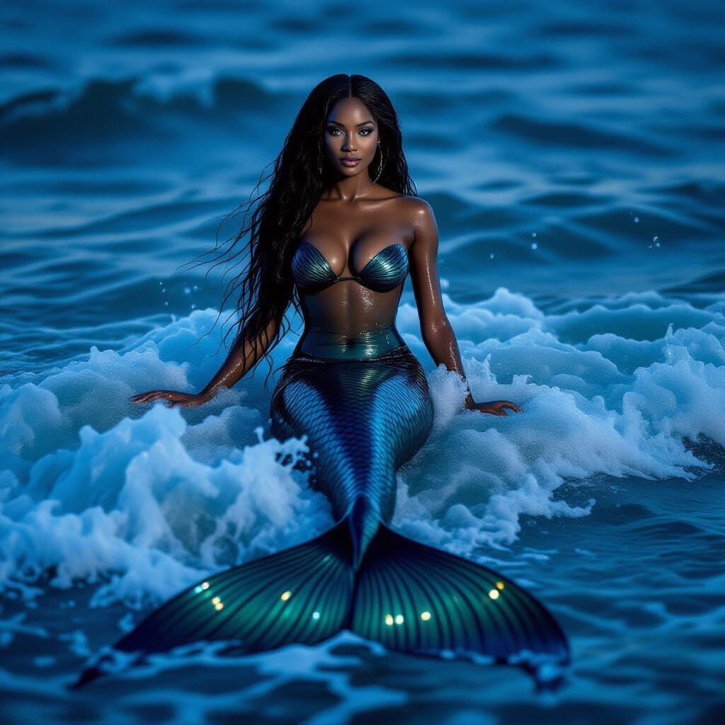 African Mermaid Swimming in Moonlit Ocean Night