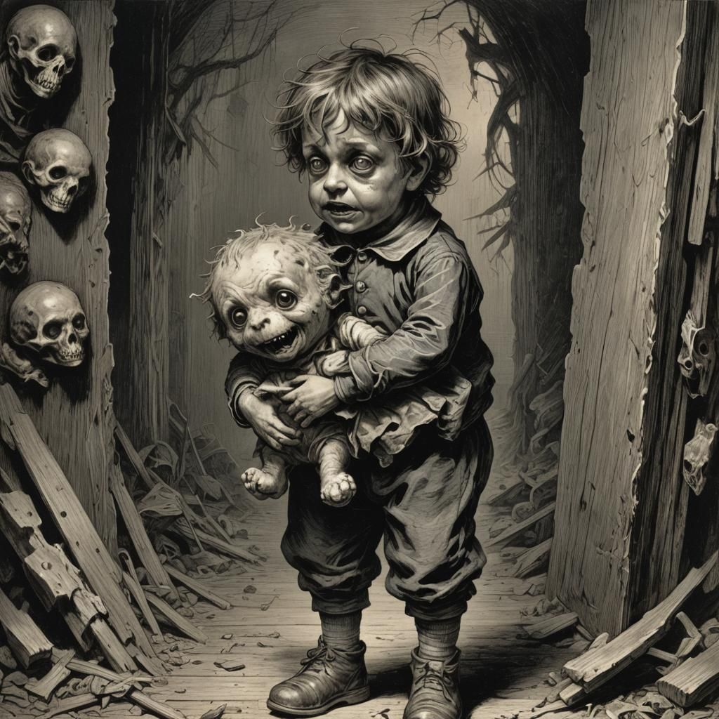 Eerie Boy with Toy in Dark Horror Style