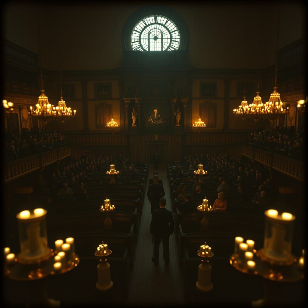 Cinematic Parliament Gathering in Misty Lighting