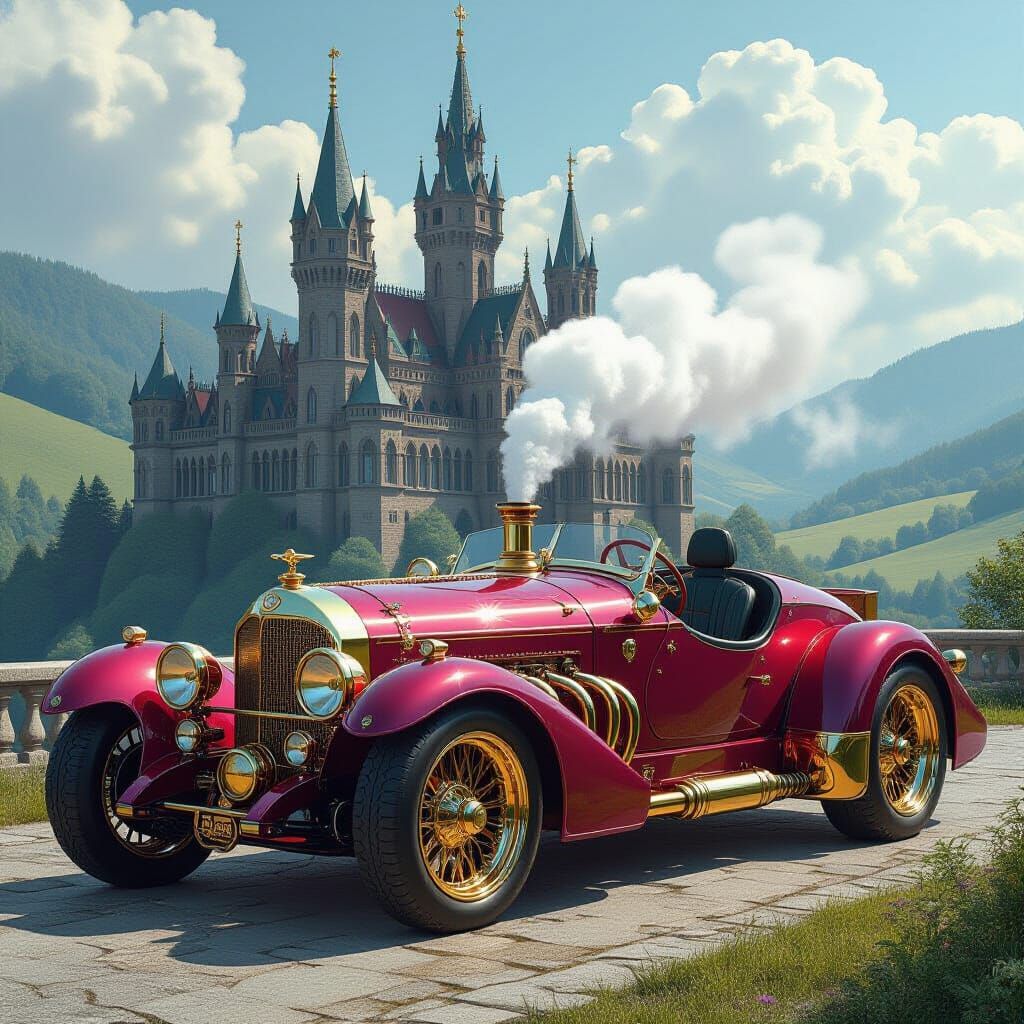 Steampunk Sports Car Parked by Gothic Castle