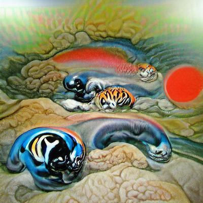 Tigers in Yin Yang: Colorful Biopunk Ukiyo-e Art