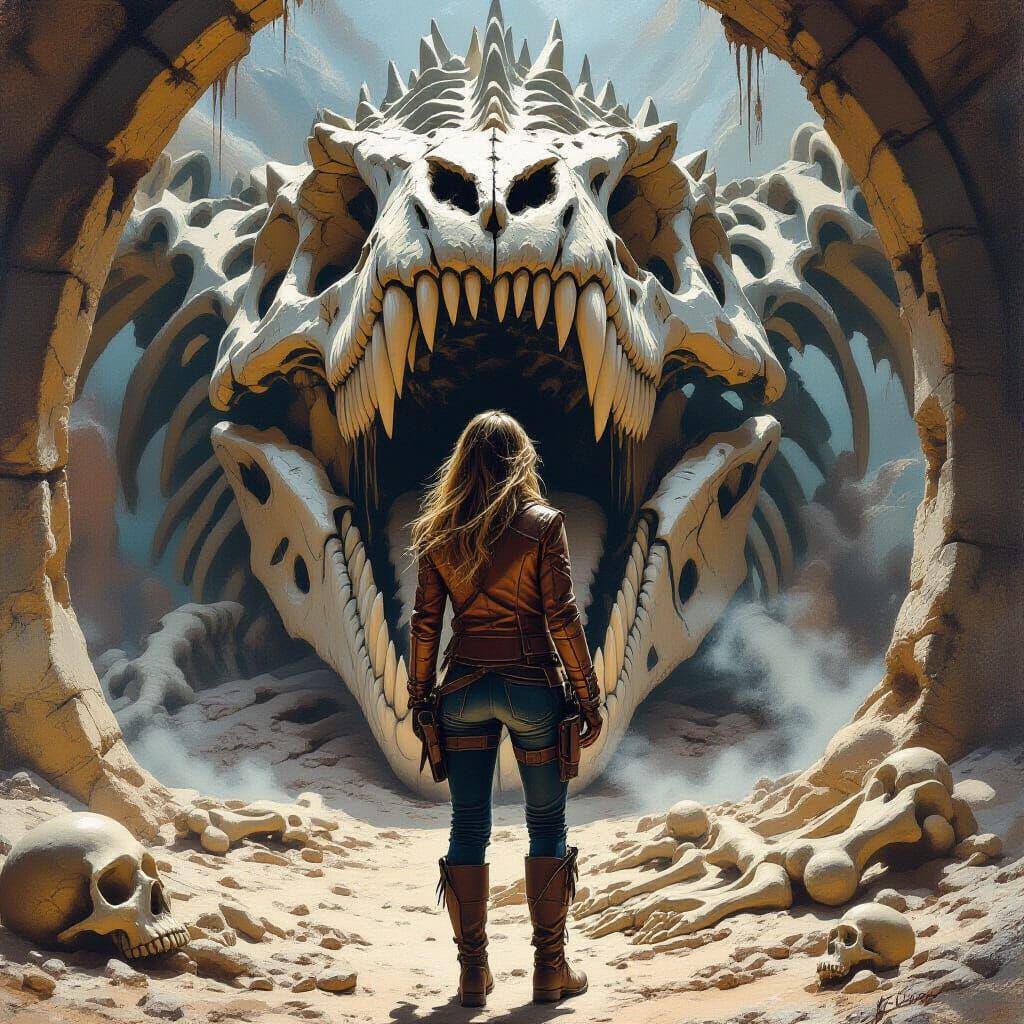 Explorer in Dragon Skeleton, Fantasy Oil Painting