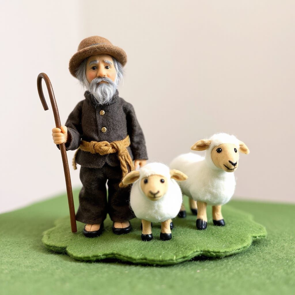 Whimsical Felt Shepherd and Sheep Figurine Scene