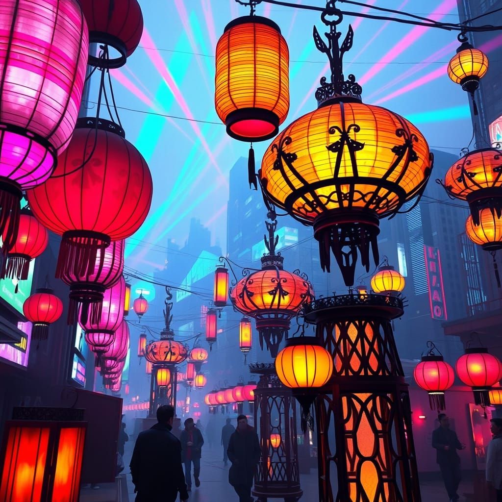Cyberpunk Lanterns Glow in Futuristic Cityscape