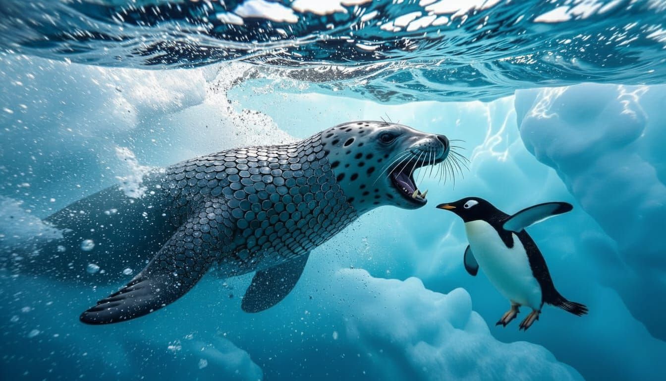 Leopard Seal in Chainmail Armor Strikes Under Antarctic Ice