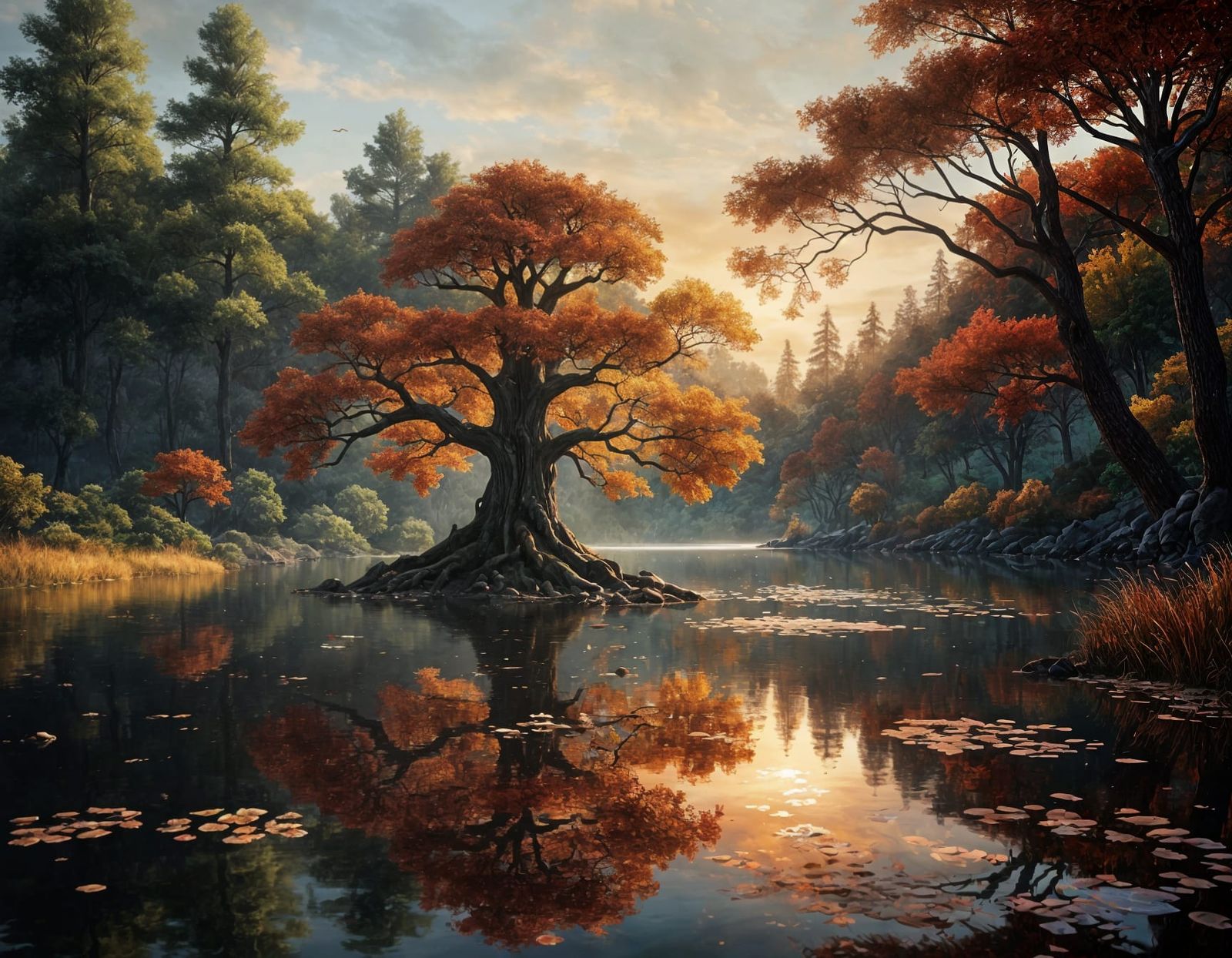 Serene Autumn Lake Landscape with Vibrant Foliage