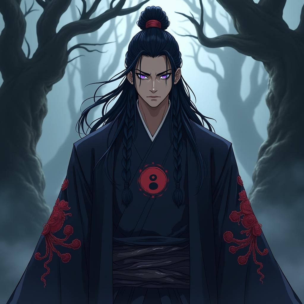 Samurai in Akatsuki Cloak Amidst Ethereal Landscape
