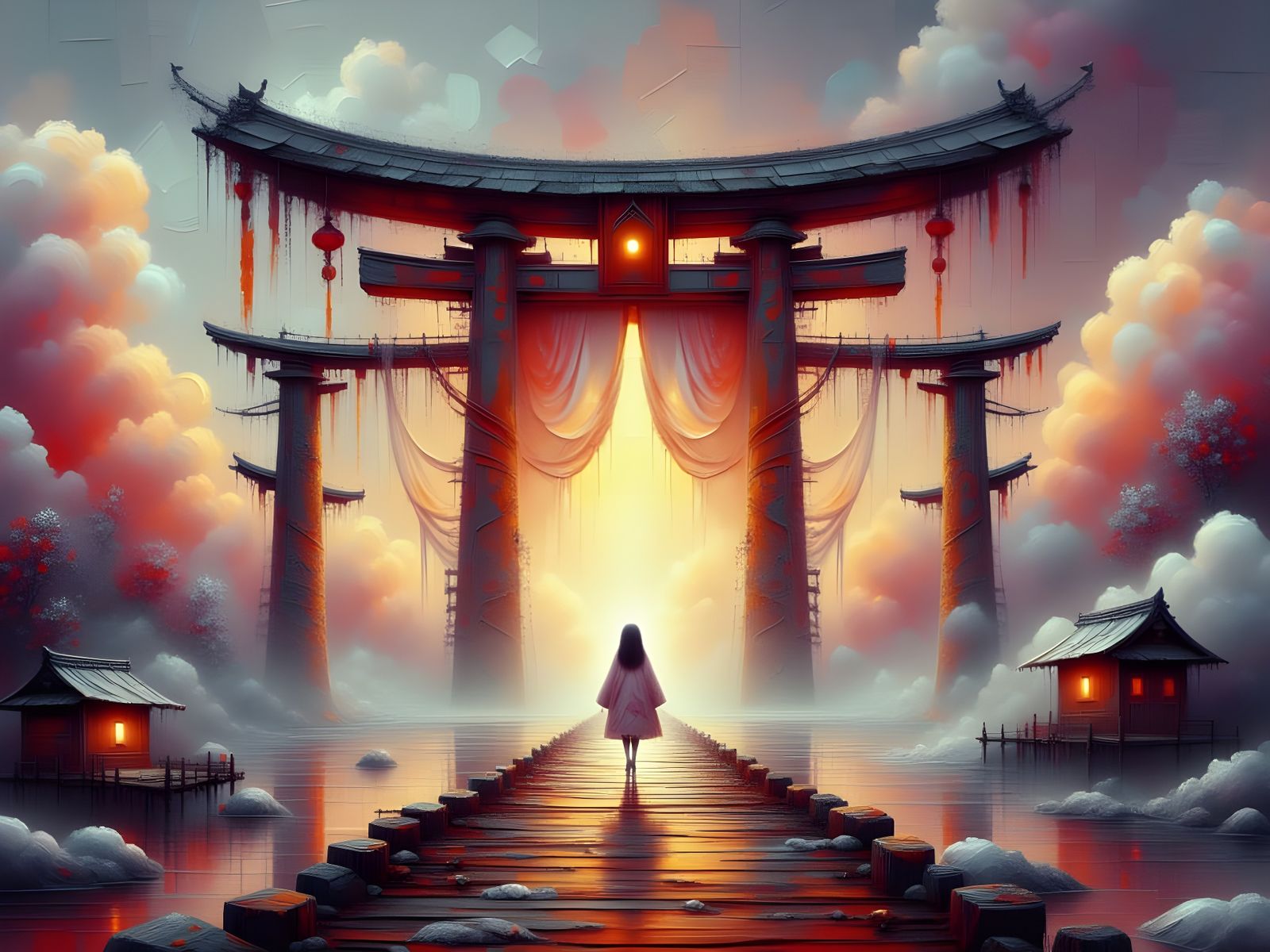 Golden Torii Gate in Mist with Heavenly World View