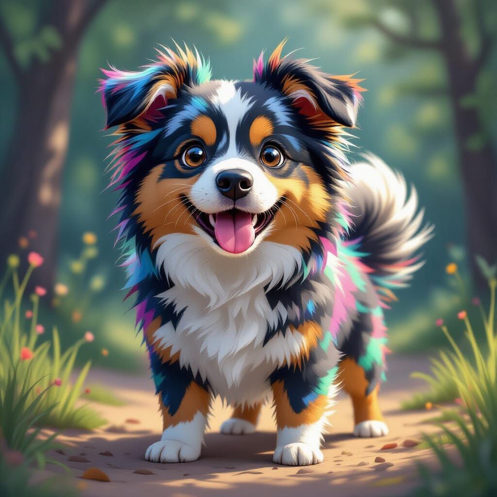 Humorous Colorful Dog in Hyper-Realistic Style
