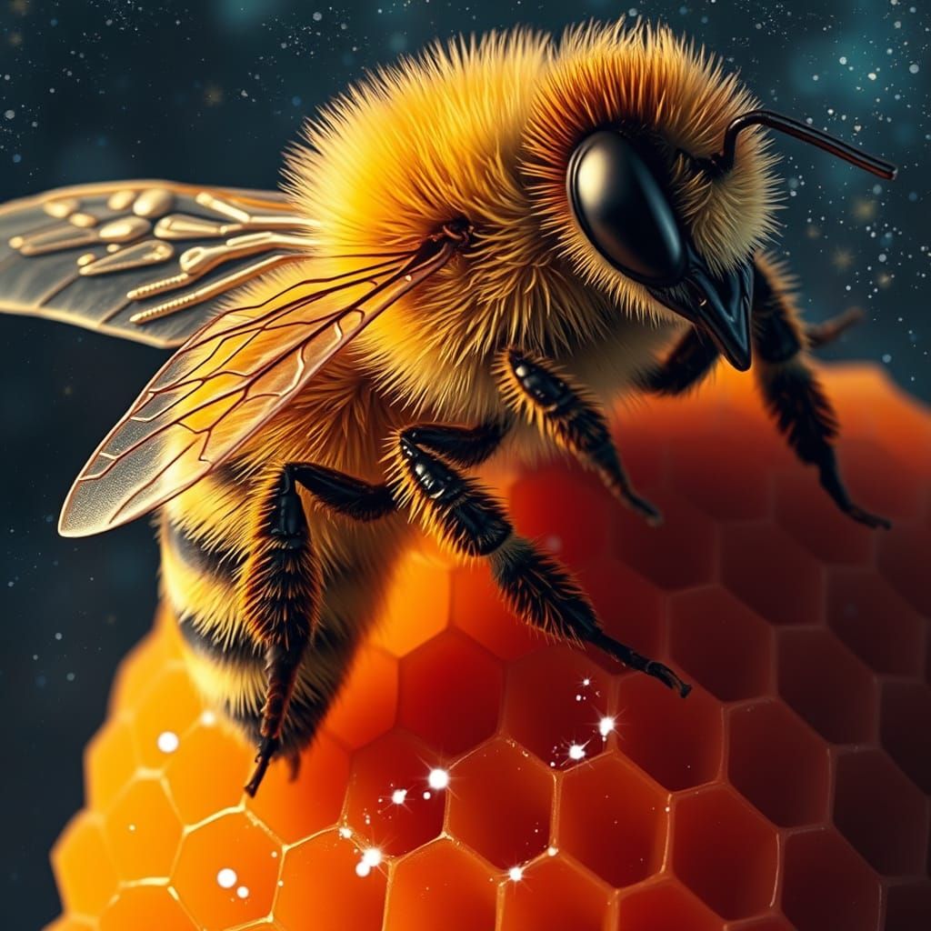 Bee in Cosmic Honeycomb Dreamscape