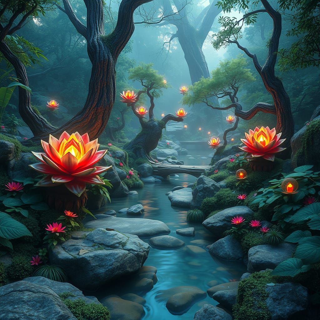 Surreal Brook Landscape in Vibrant, Iridescent Colors