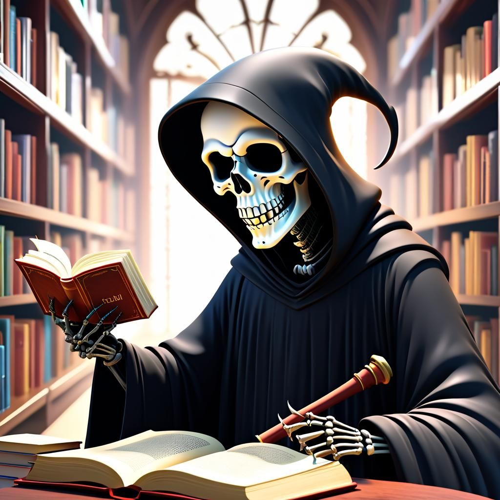 Cartoon Grim Reaper Reads in Library
