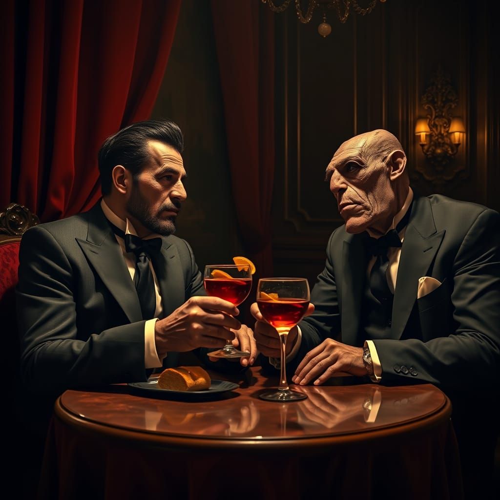 Sophisticated Gentlemen Savor Campari in Dimly Lit Cafe