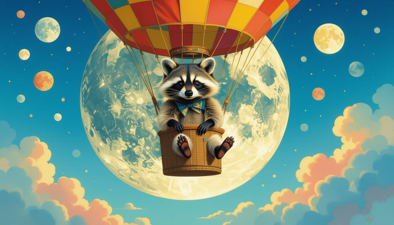 Pre-Raphaelite Raccoon's Lunar Balloon Ride