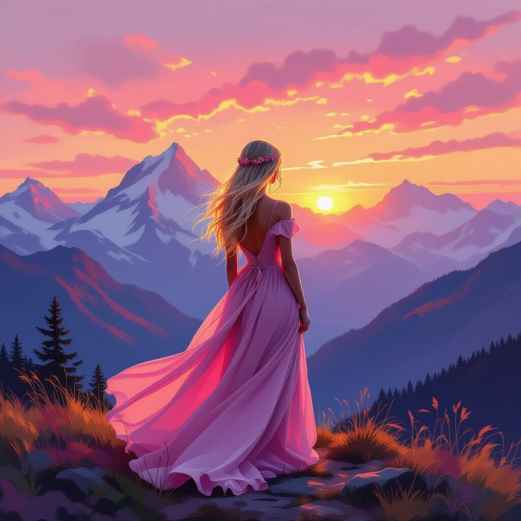 Girl in Pink Dress at Mountain Sunset, Romantic Oil Painting...