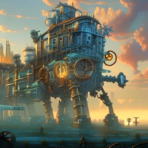 big bug, steampunk machinery, frozen and uninhabited city, sunset, fantasy, digital art, 8k wallpaper, high detail, pain...