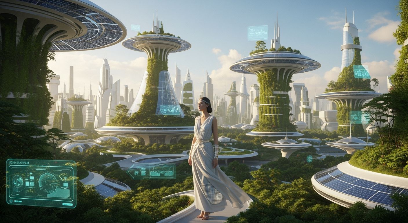 Utopian Frutiger Aero Cityscape with Serene Woman