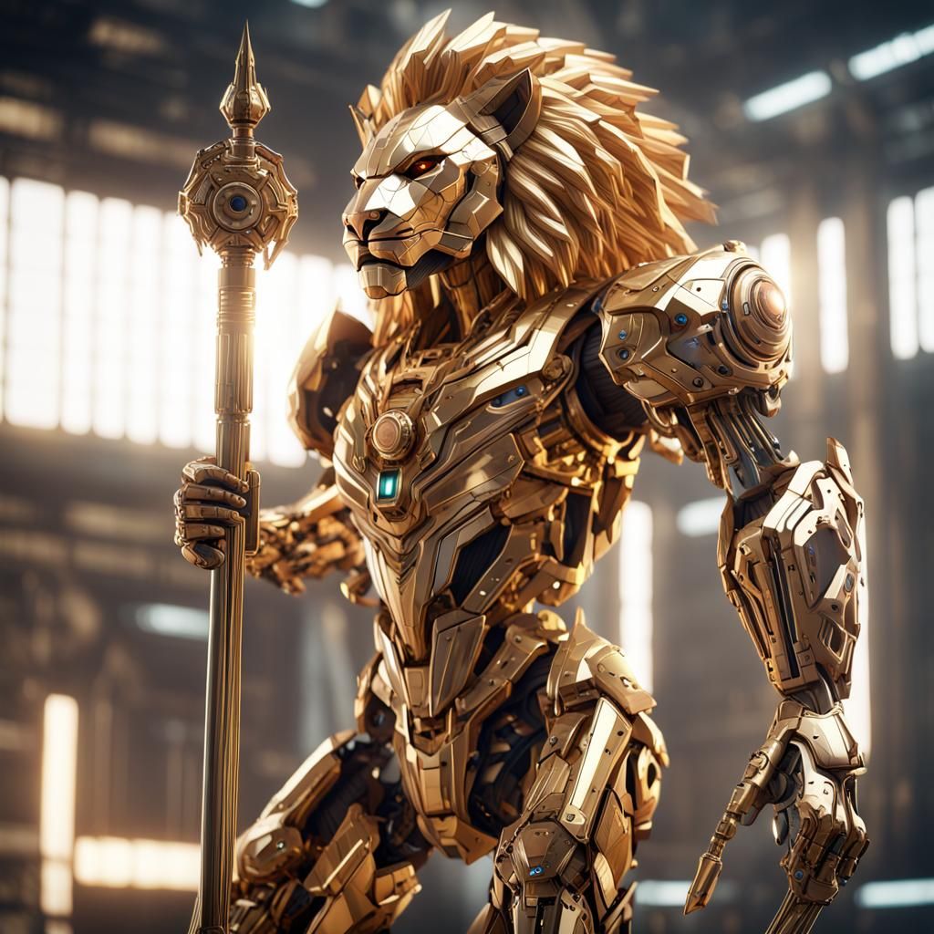 Futuristic Lion Woman Warrior with Staff