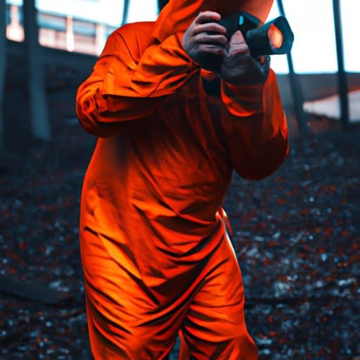 Hyperrealistic Photographer in Oversized Orange Suit