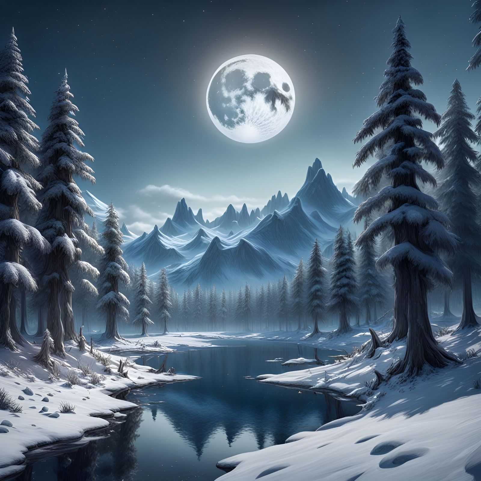 Snowy Forest with Full Moon: Detailed Matte Painting