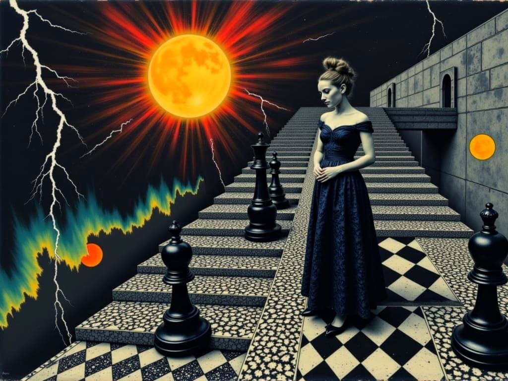 Surreal Chess Scene with Alice and Neo Under Aurora