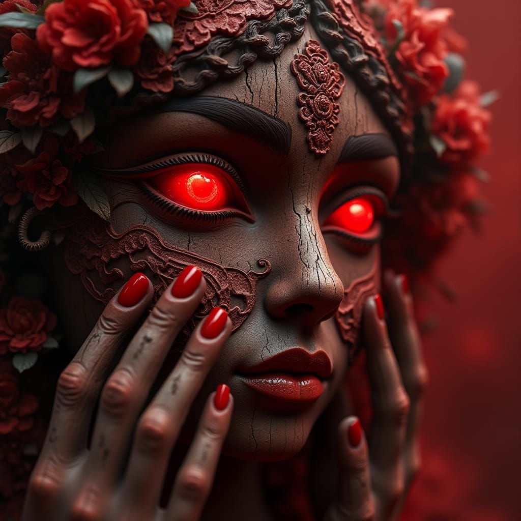 Detailed Macro of Feminine Red Wood Eyes in Crimson Mist