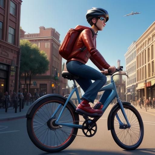 Person on Bicycle Downtown in Pixar Style