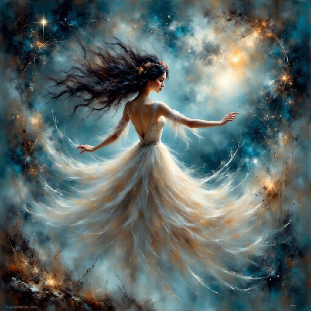 Ethereal Sorceress Amidst Celestial Vortex in Dark Fantasy A...