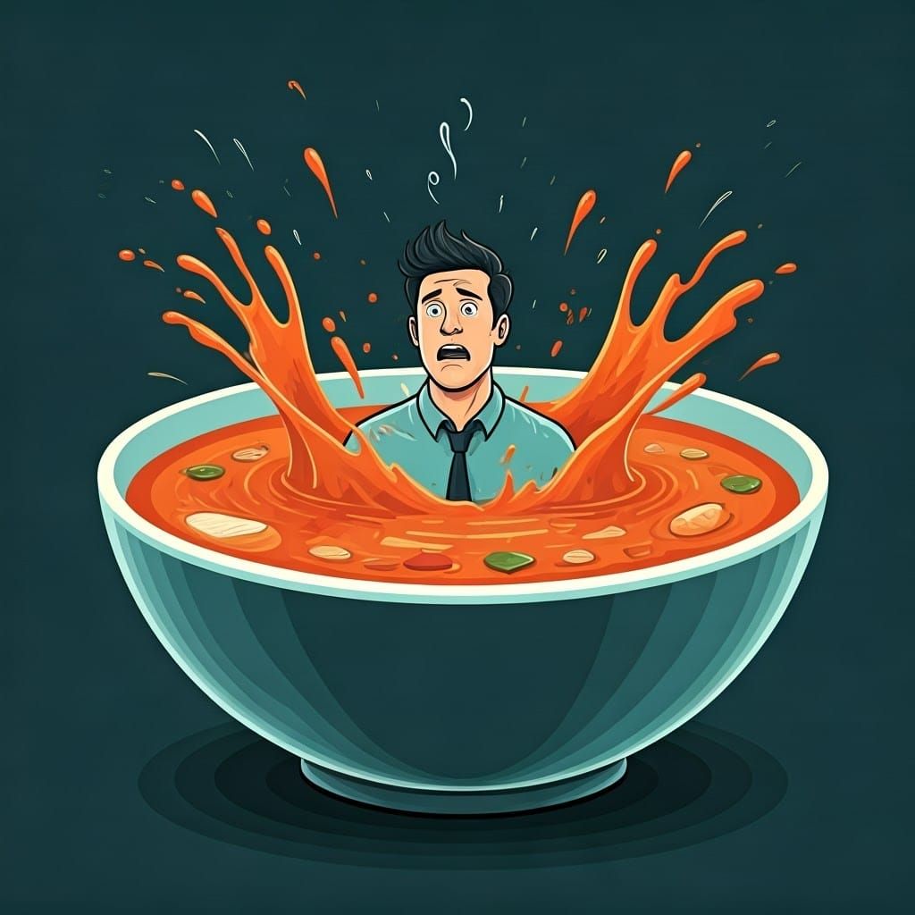 Man Sinking in Colossal Soup Bowl