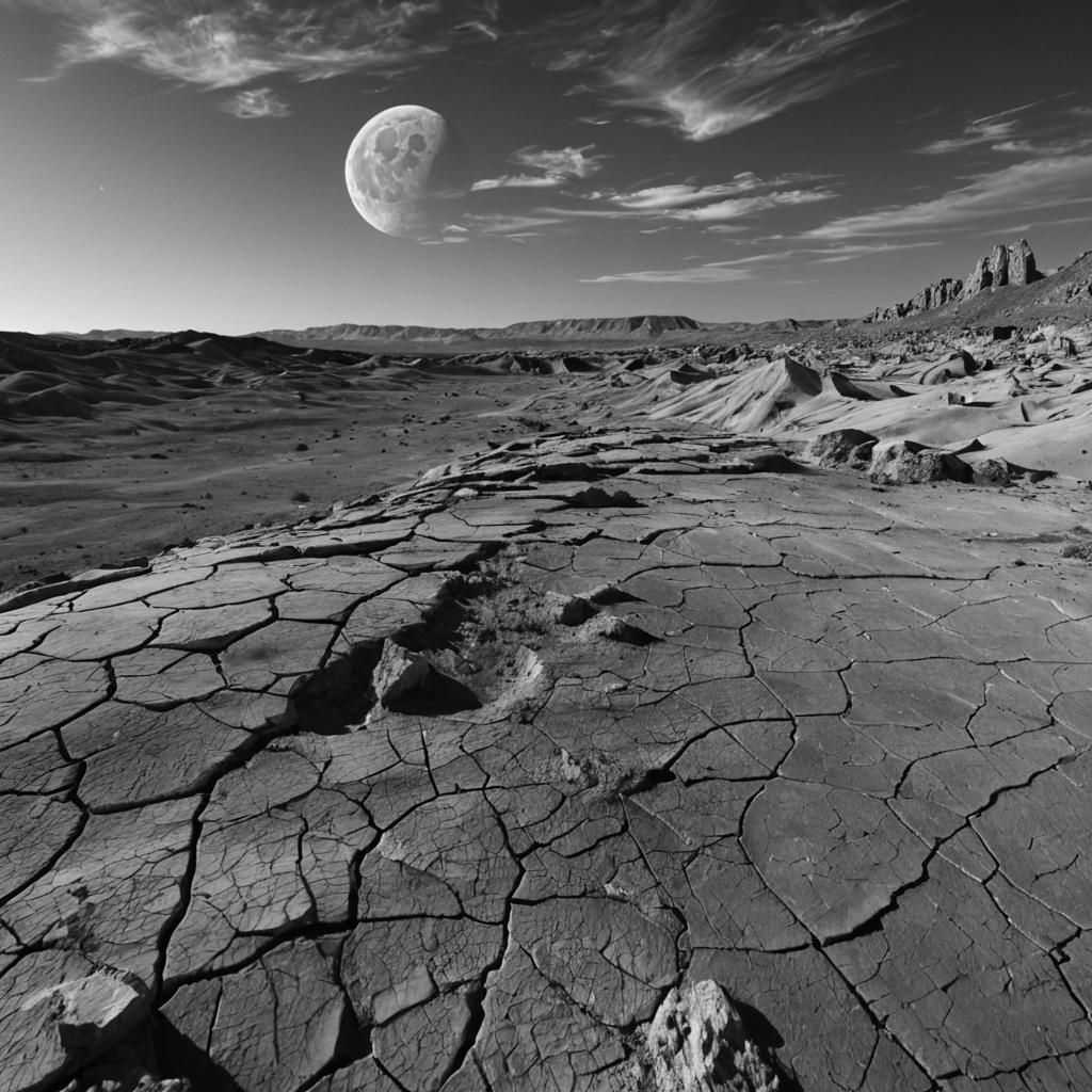 Arid Desert Under Split Moon in Ash Thorp Style