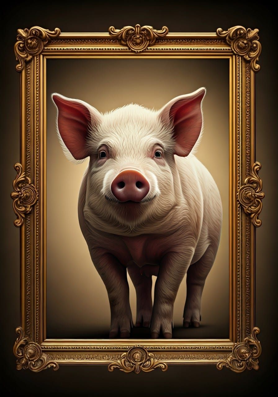 Opulent Pig Portrait in Ornate Gold Frame