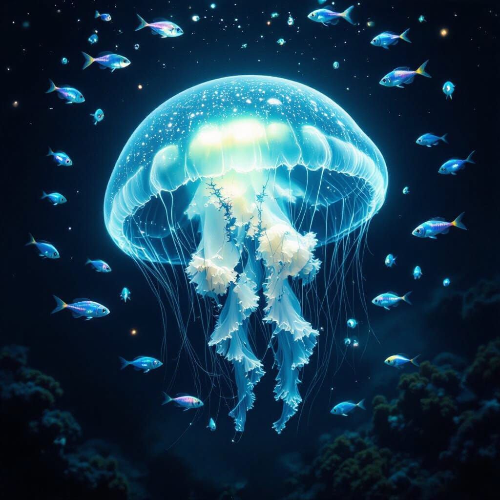 Bioluminescent Jellyfish in Deep-Sea Trench