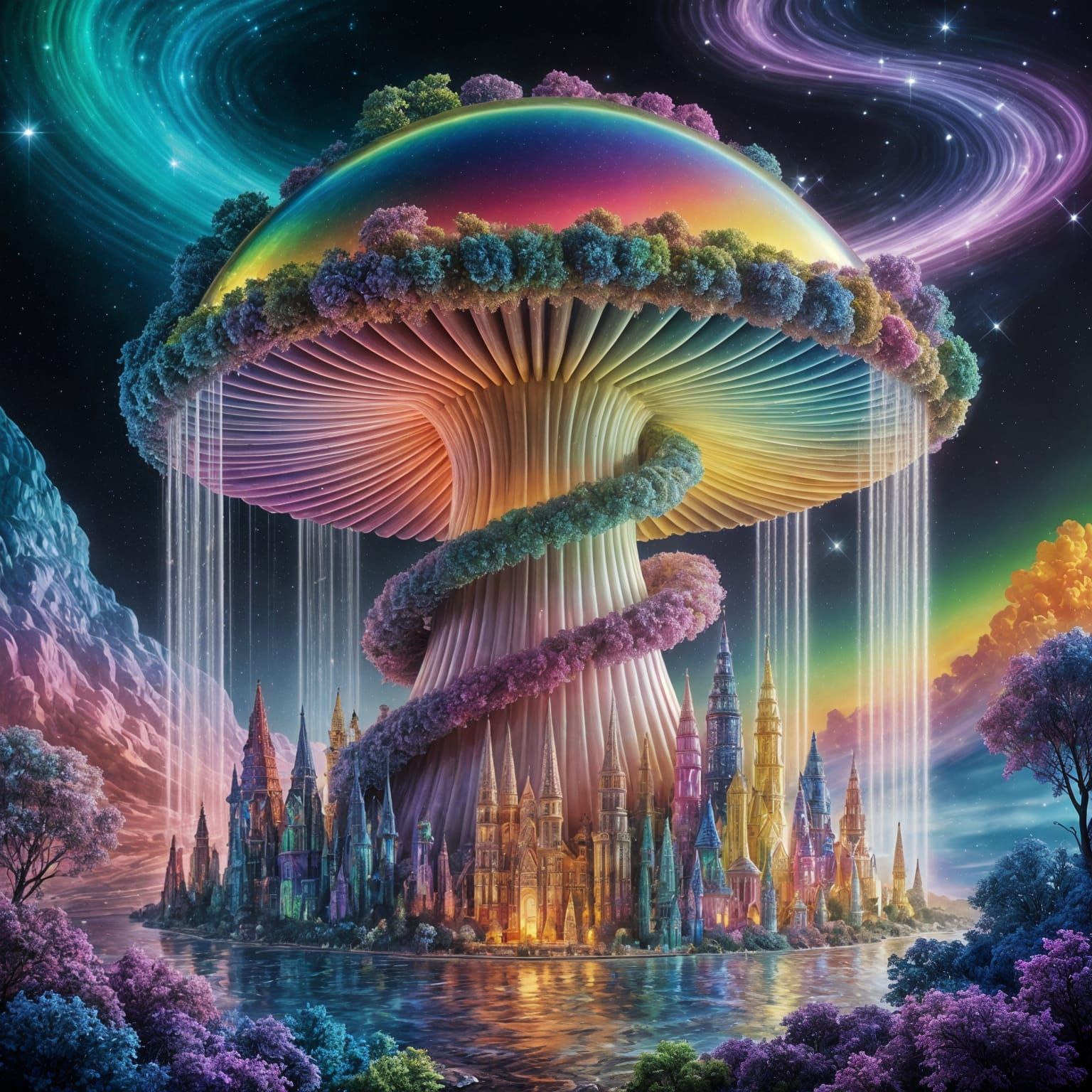 Radiant Mushroom Metropolis in Iridescent Bloom