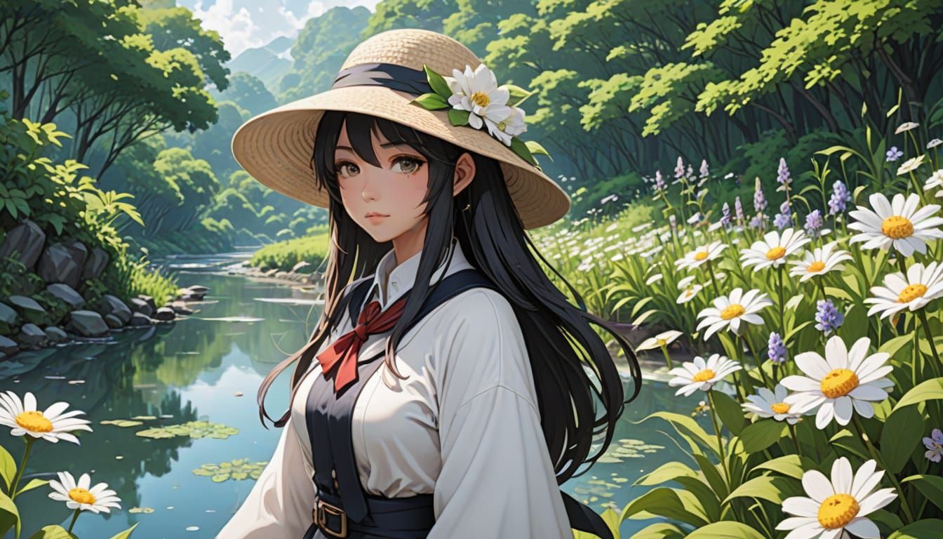 Anime Girl with Hat and Flowers by River
