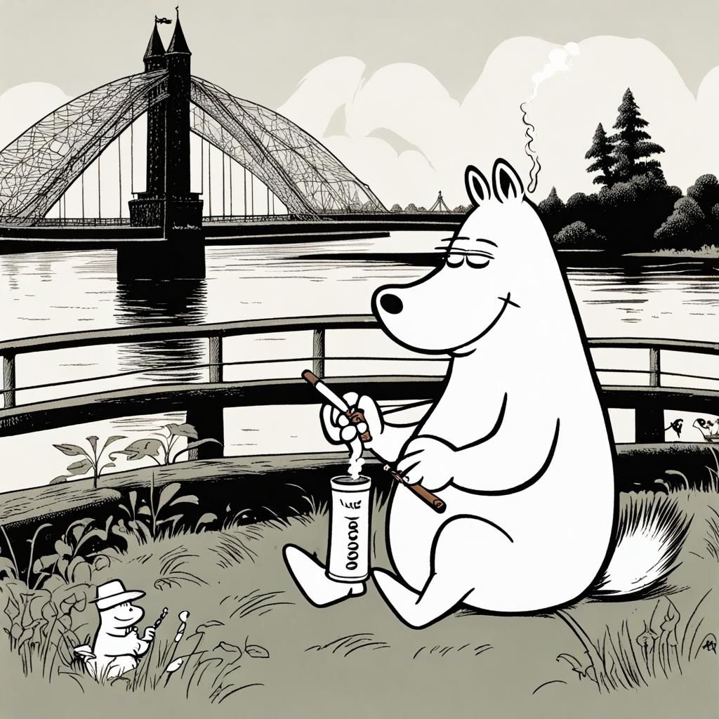 Moomins Smoking by the Bridge in Moominland