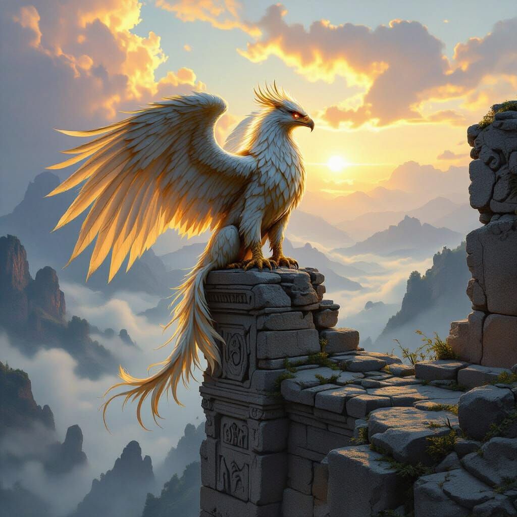 Majestic Griffin Perched on Ancient Ruins at Dawn