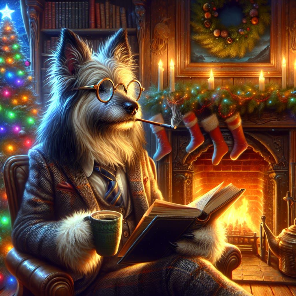 Dog Reading by Fireplace: 8k Matte Painting