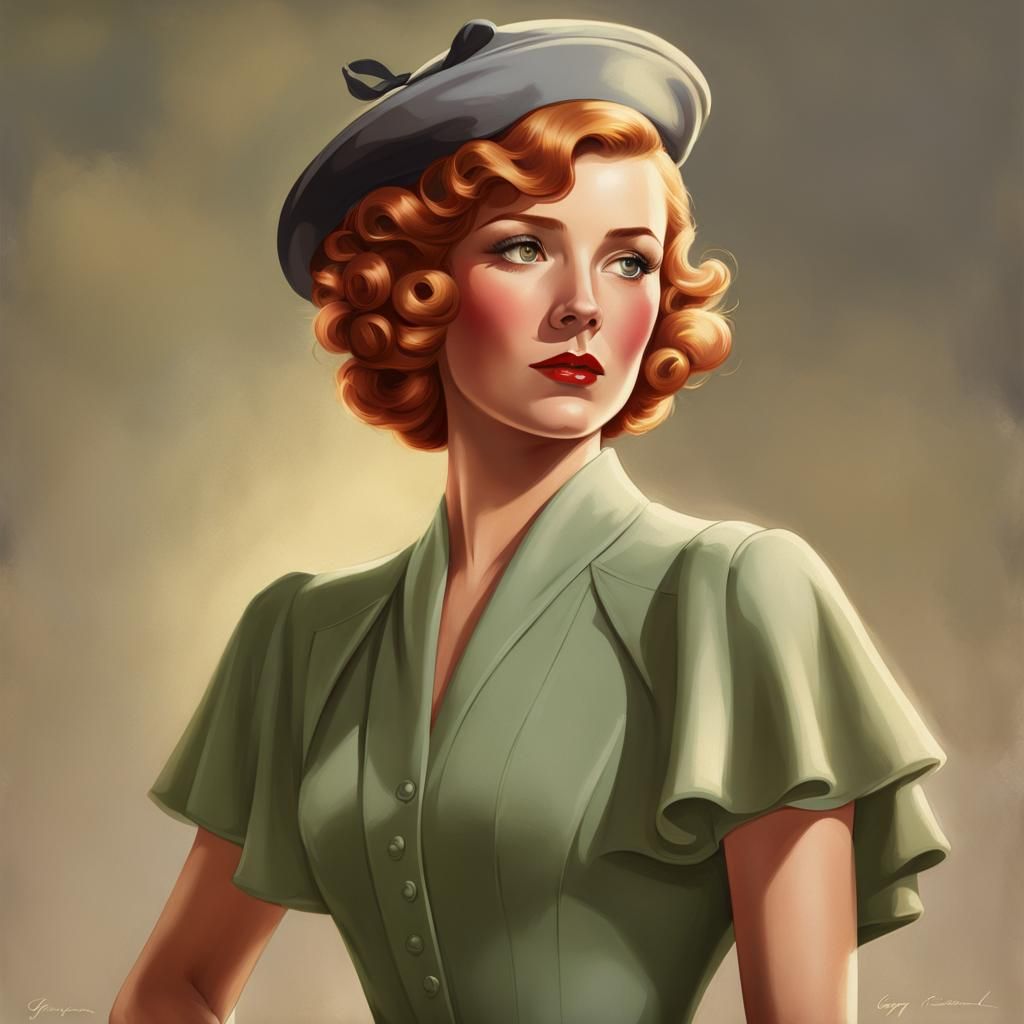 1930s Lady in Green Dress, Art Nouveau Portrait