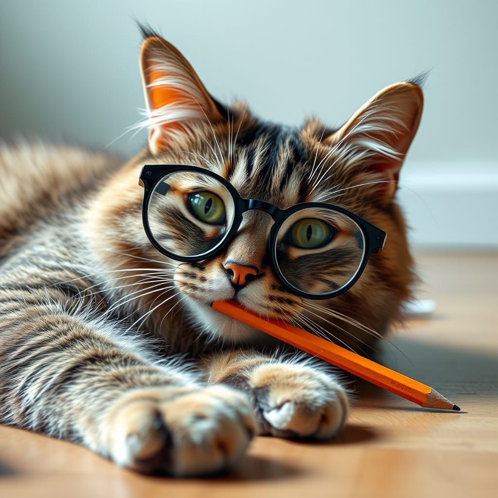 Cool Cat with Glasses and Pencil