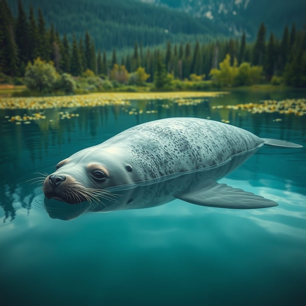 Dog-Faced Seal Swims in Canadian Lake: Surreal Art