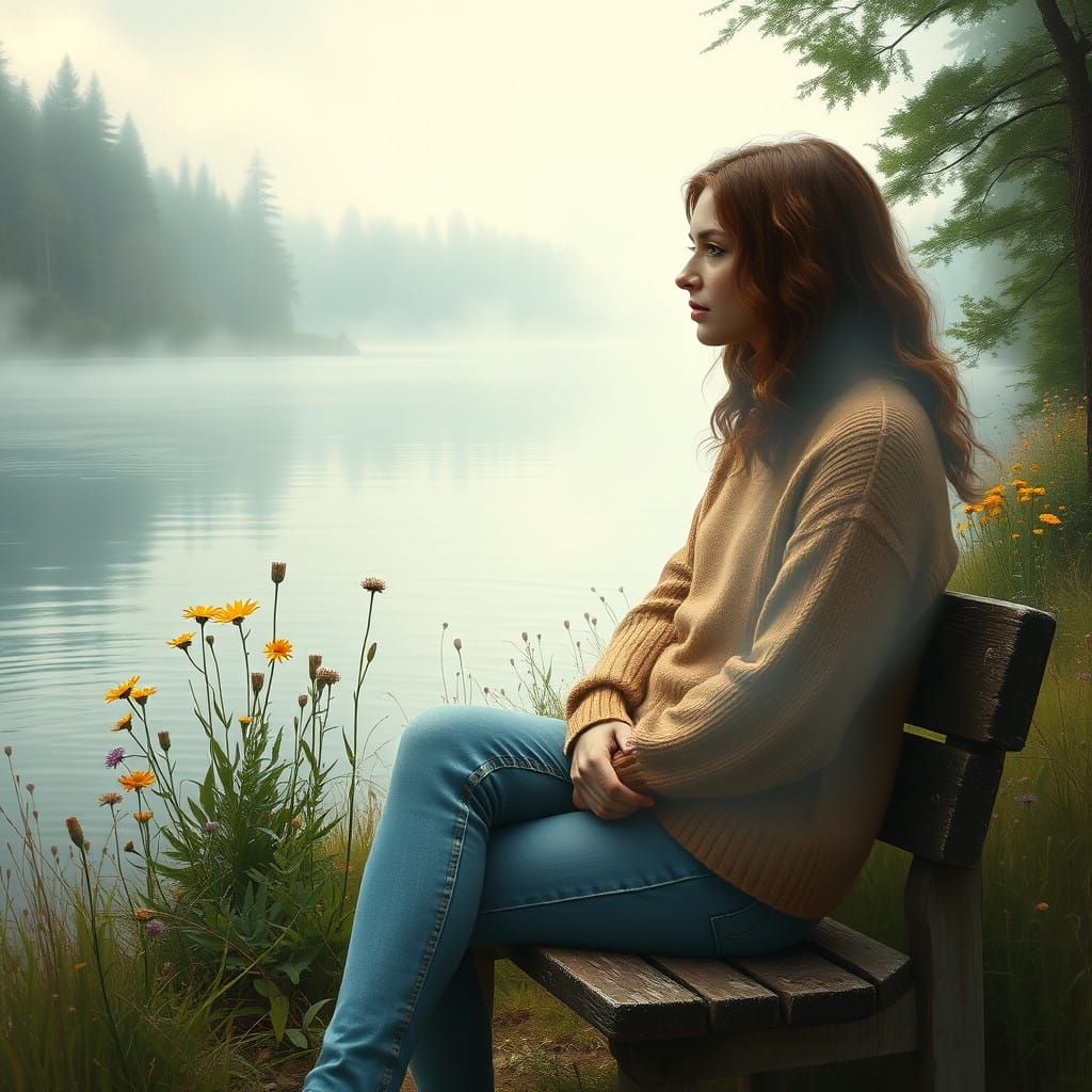 Woman on a Bench, Surrounded by Nature and Ethereal Spirit