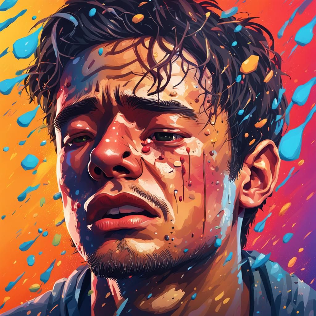 Hyperrealistic Young Man Crying in Splash Art Style