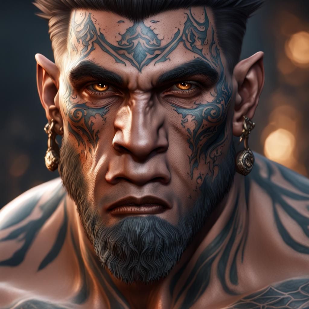 Goliath Male with Tattoos and Scar, Detailed Fantasy Art